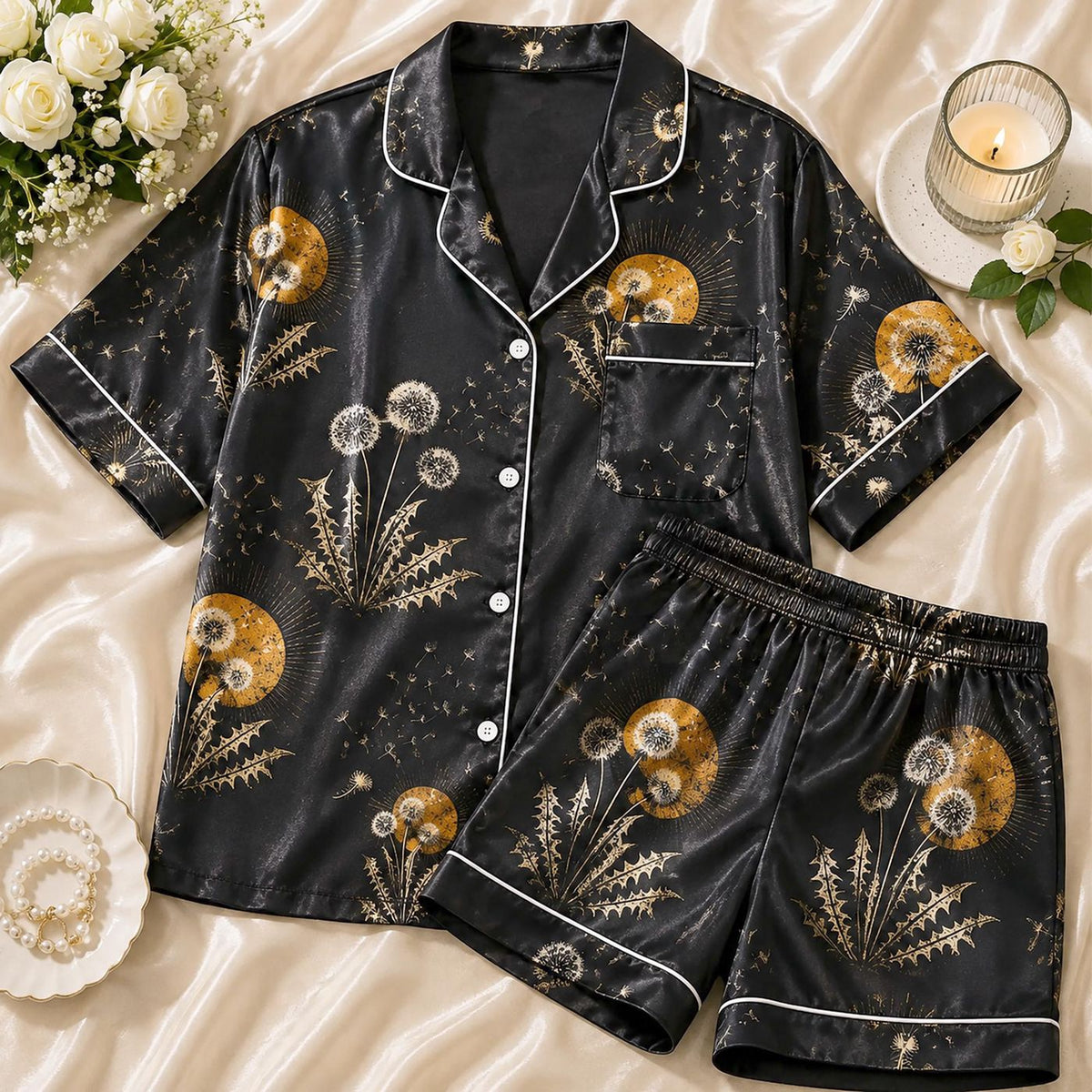 Golden Sun Boho Celestial Dandelion Pajamas - Black Satin Loungewear Set for Autumn