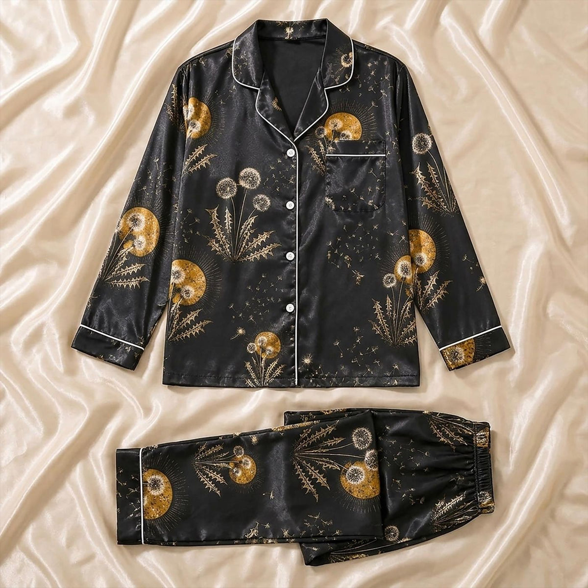 Golden Sun Boho Celestial Dandelion Pajamas - Black Satin Loungewear Set for Autumn