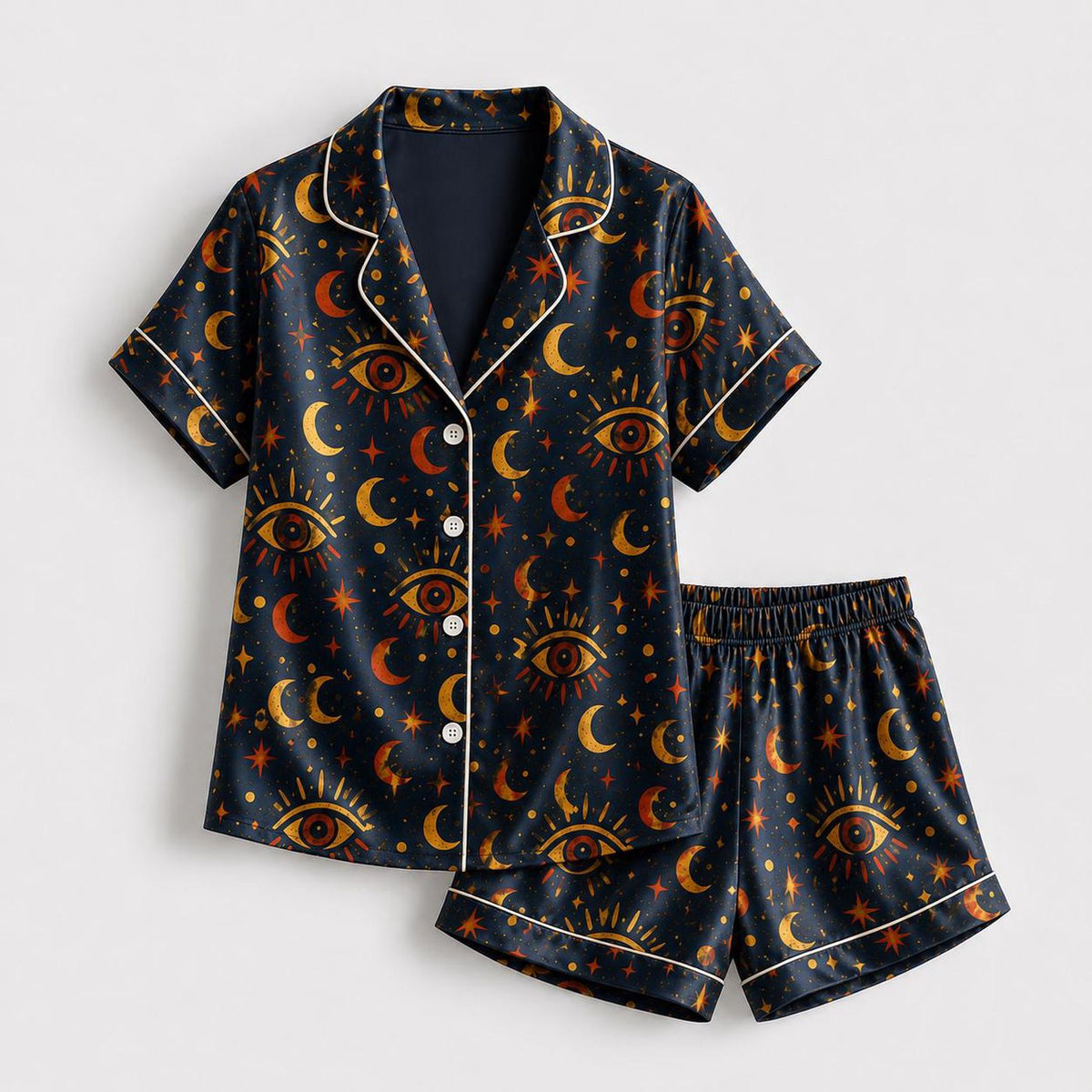 Starry Night Evil Eye Satin Pajama Set for Cozy Sleepwear