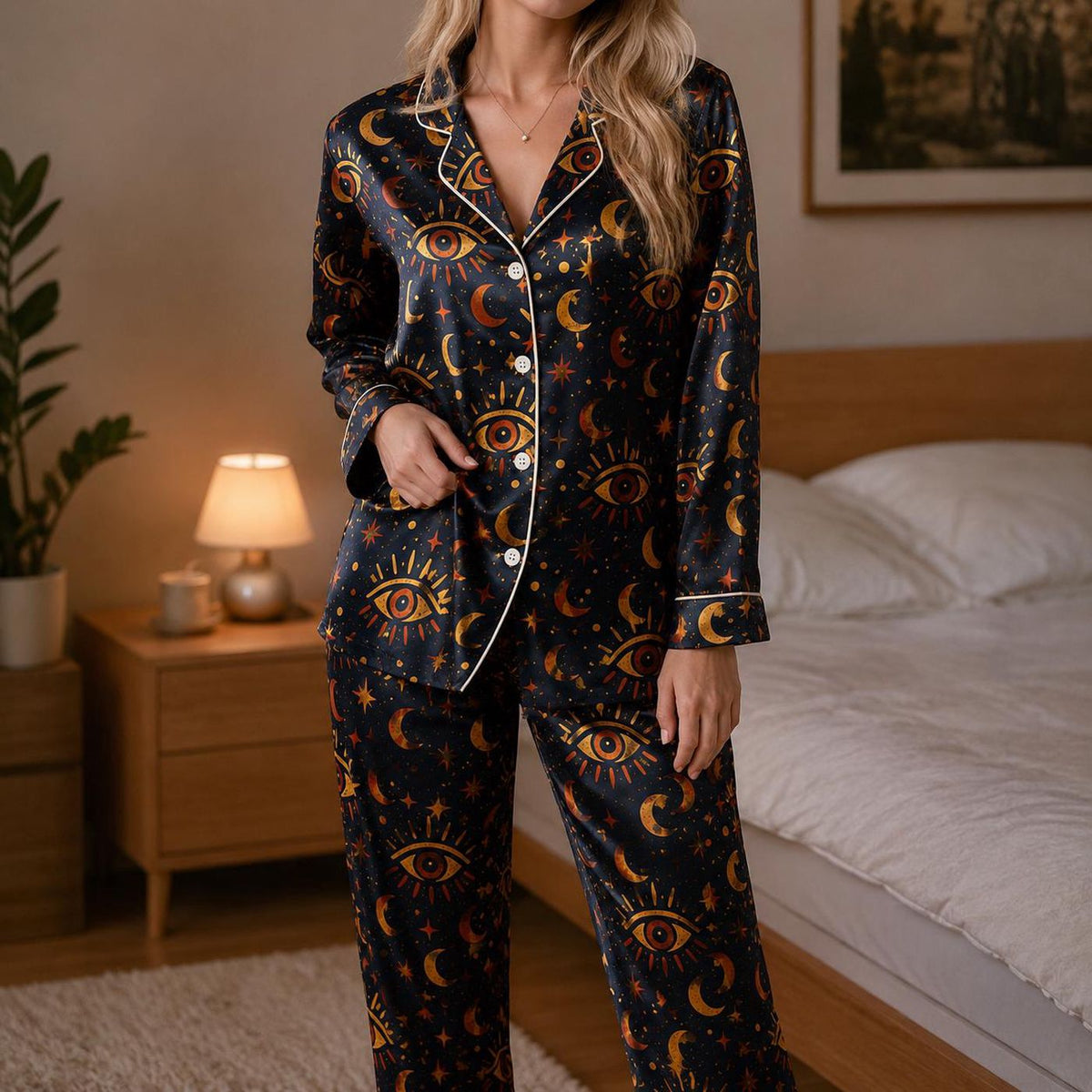 Starry Night Evil Eye Satin Pajama Set for Cozy Sleepwear
