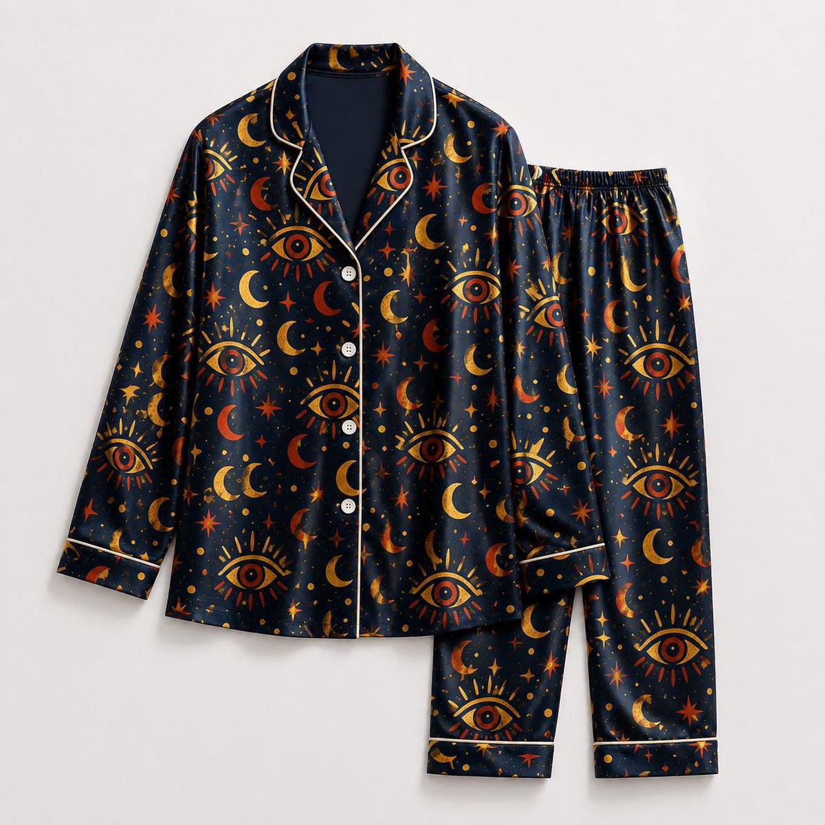 Starry Night Evil Eye Satin Pajama Set for Cozy Sleepwear