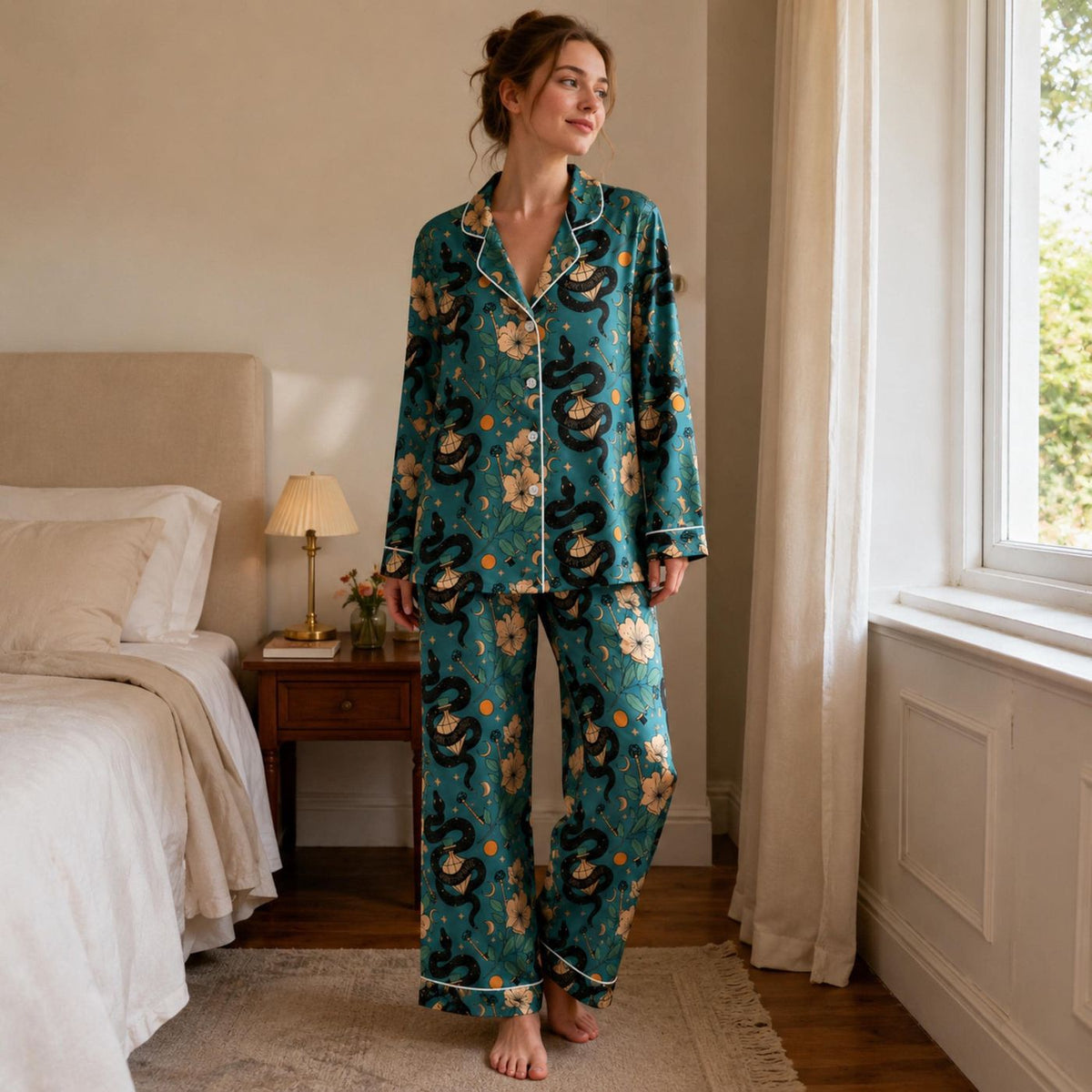 Floral Moon Stars Celestial Snake Satin Pajama Set - Mystical Botanical Print