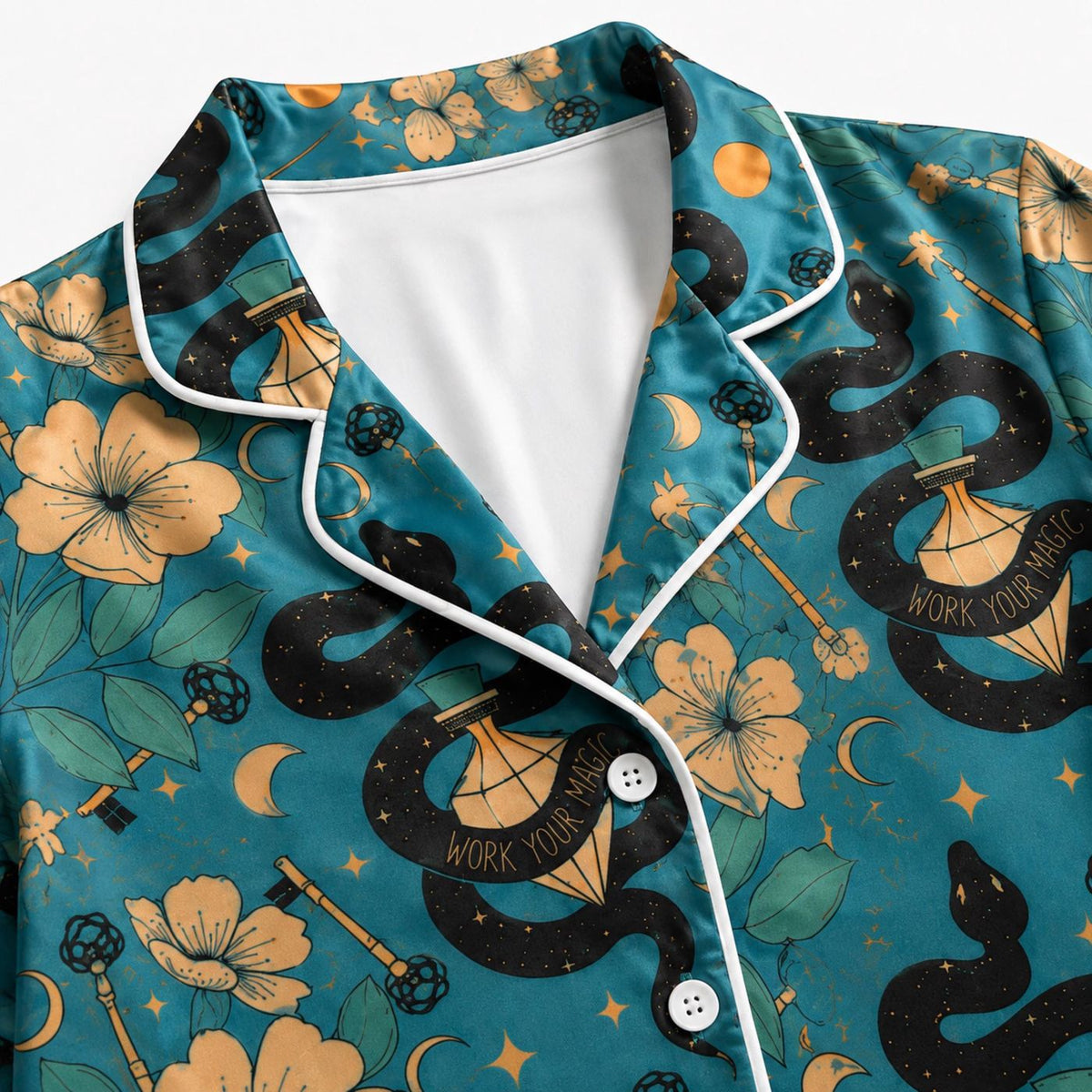 Floral Moon Stars Celestial Snake Satin Pajama Set - Mystical Botanical Print
