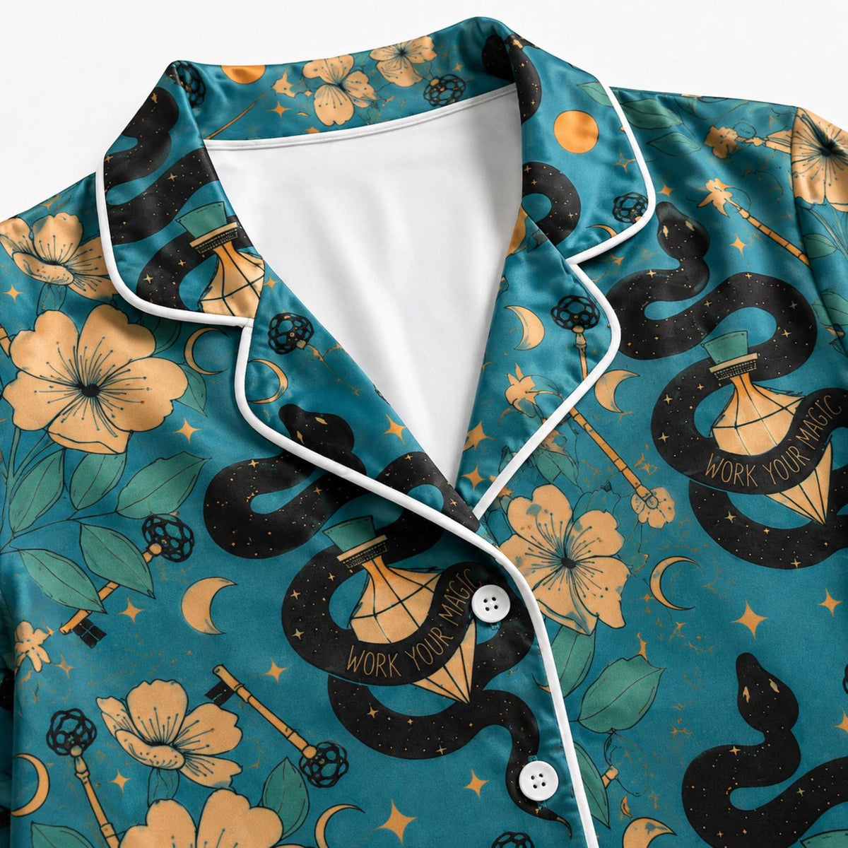 Celestial Snake Satin Pajama Set Mystical Botanical Print