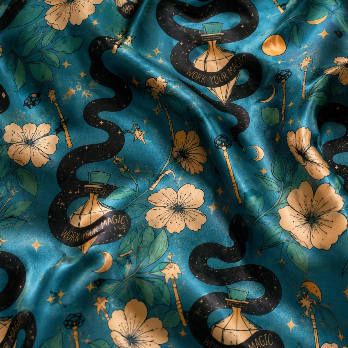 Floral Moon Stars Celestial Snake Satin Pajama Set - Mystical Botanical Print