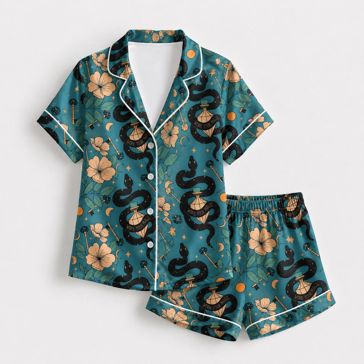 Celestial Snake Satin Pajama Set Mystical Botanical Print