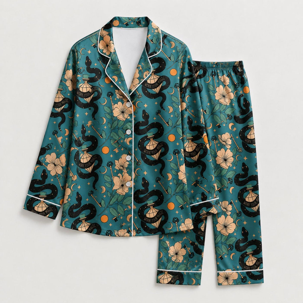 Floral Moon Stars Celestial Snake Satin Pajama Set - Mystical Botanical Print