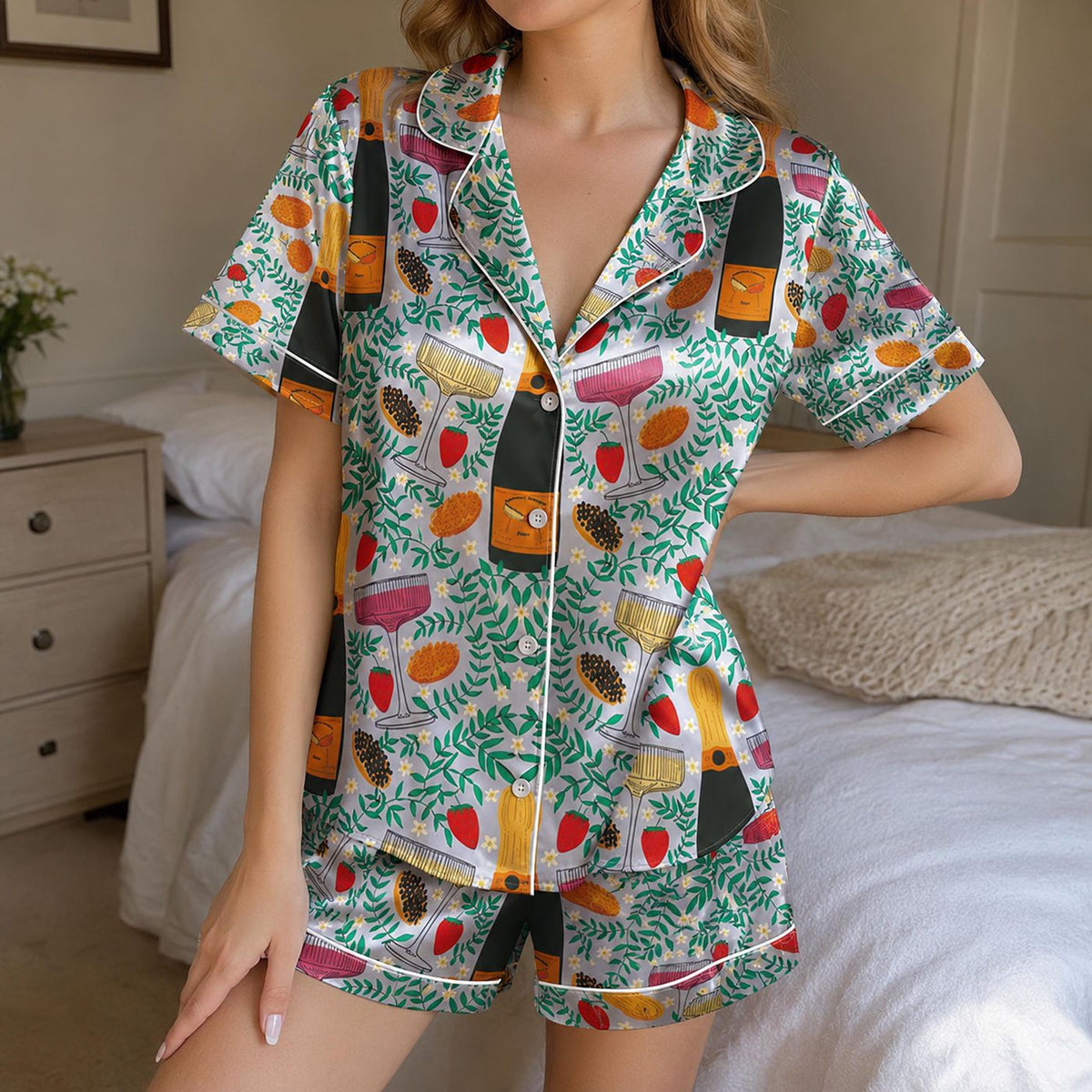 Champagne Garden Satin Pajama Set: Sparkling Wine & Fruit Botanical Print