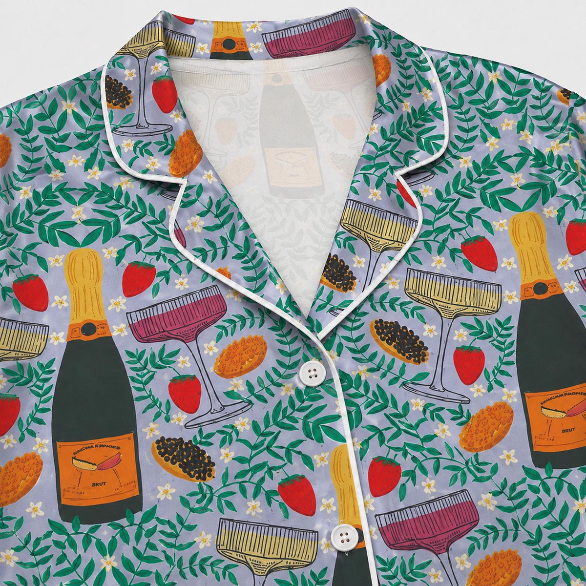 Champagne Garden Satin Pajama Set with Fruit Botanical Print for Relaxation