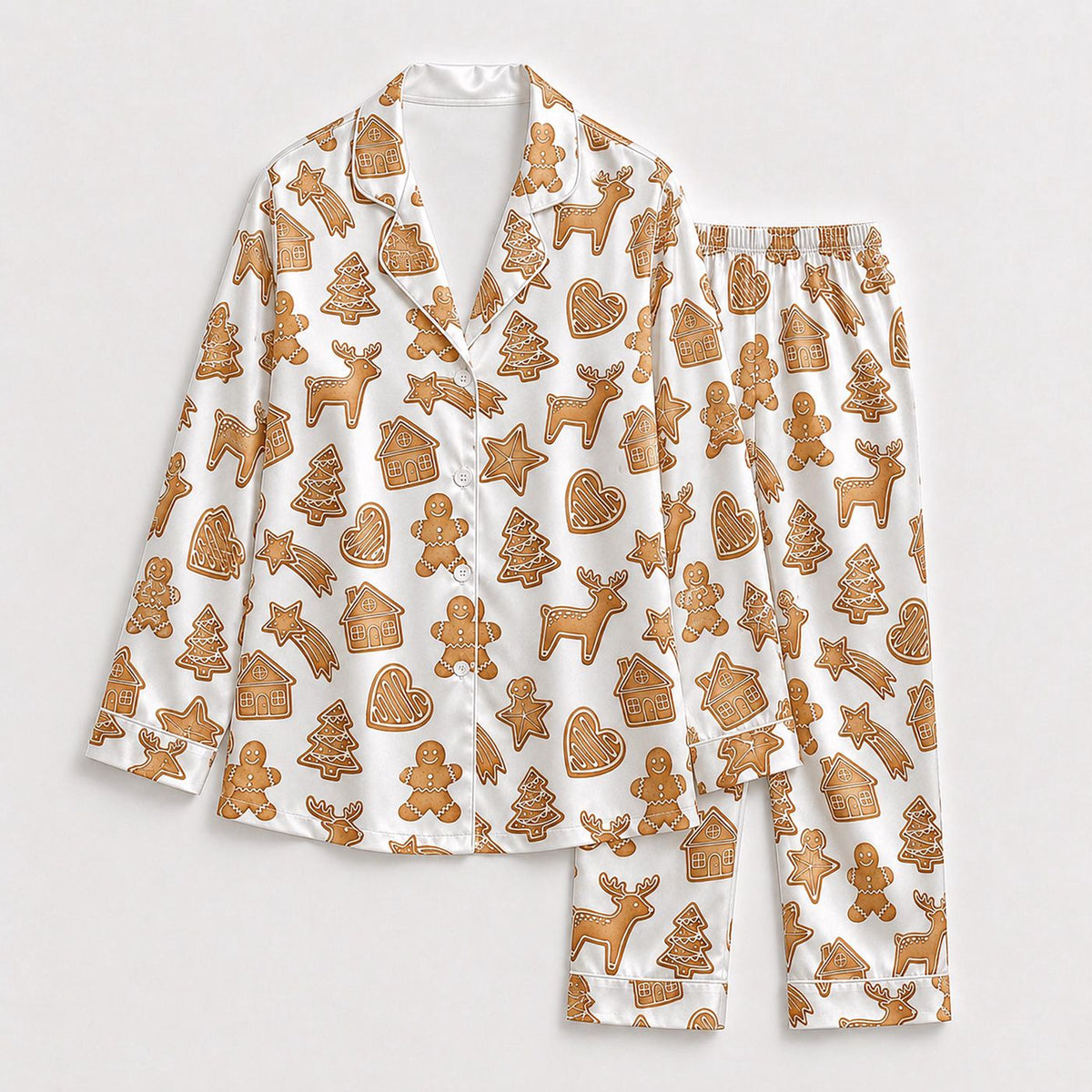 Cheerful Gingerbread Satin Pajama Set - Cute Christmas Sleepwear for Cozy Holiday Loungewear & Festive Winter Gift