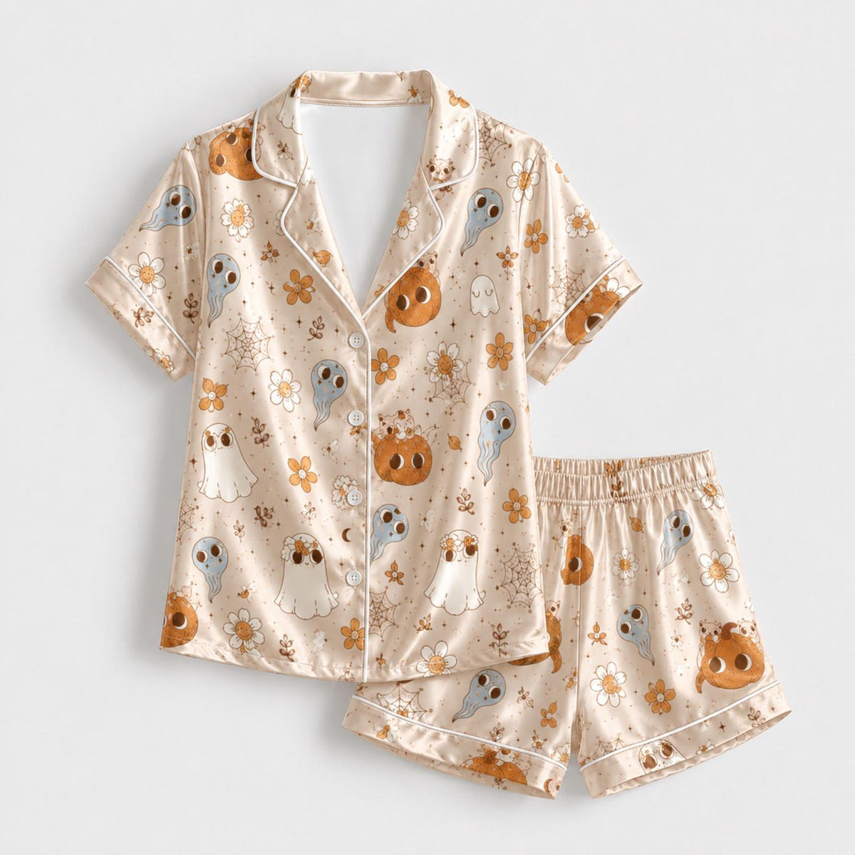 Cozy Chic Autumn Halloween Satin Pajama Set with Fall Pattern - Seasonal Sleepwear