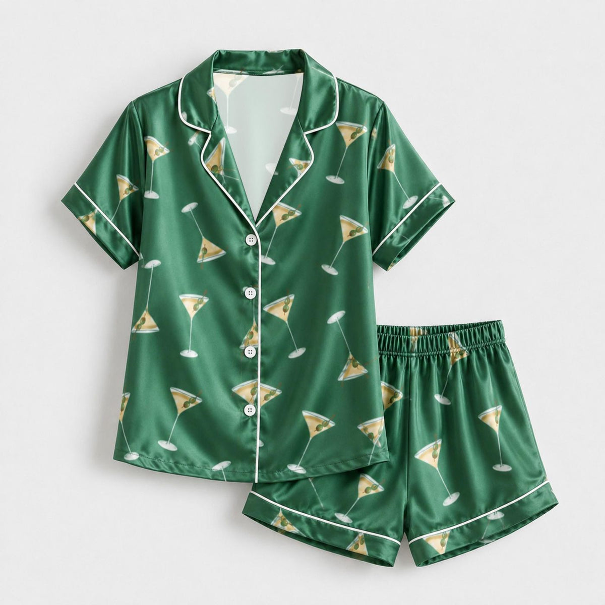 Forest Green Cocktail Martini Pattern Satin Pajama Set - Chic Lounge Ensemble