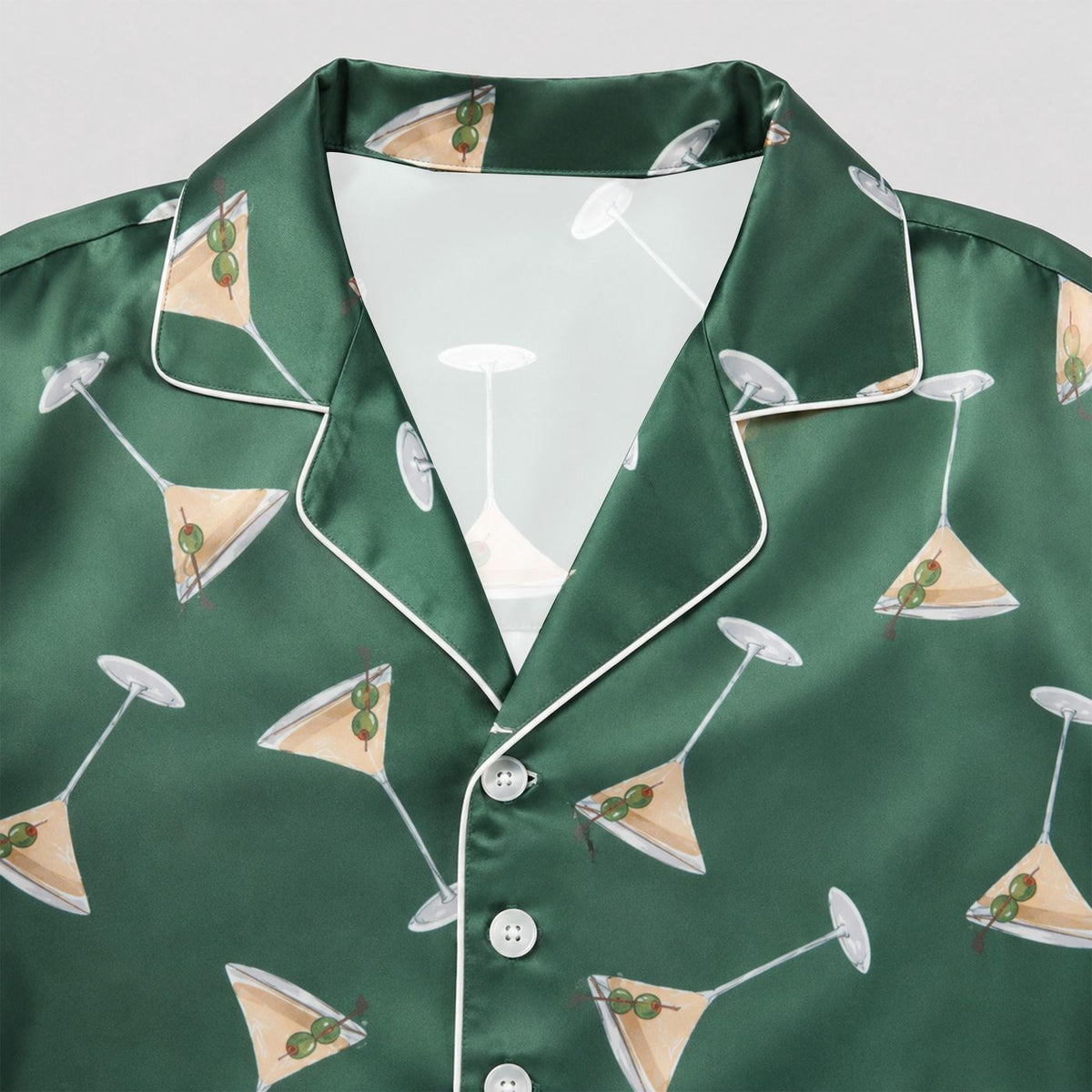 Forest Green Cocktail Martini Pattern Satin Pajama Set - Chic Lounge Ensemble