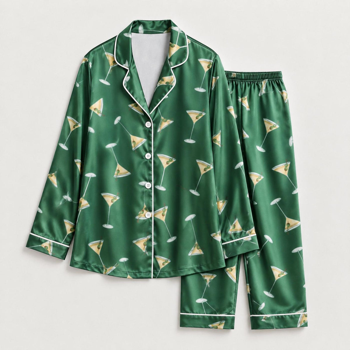 Forest Green Cocktail Martini Pattern Satin Pajama Set - Chic Lounge Ensemble