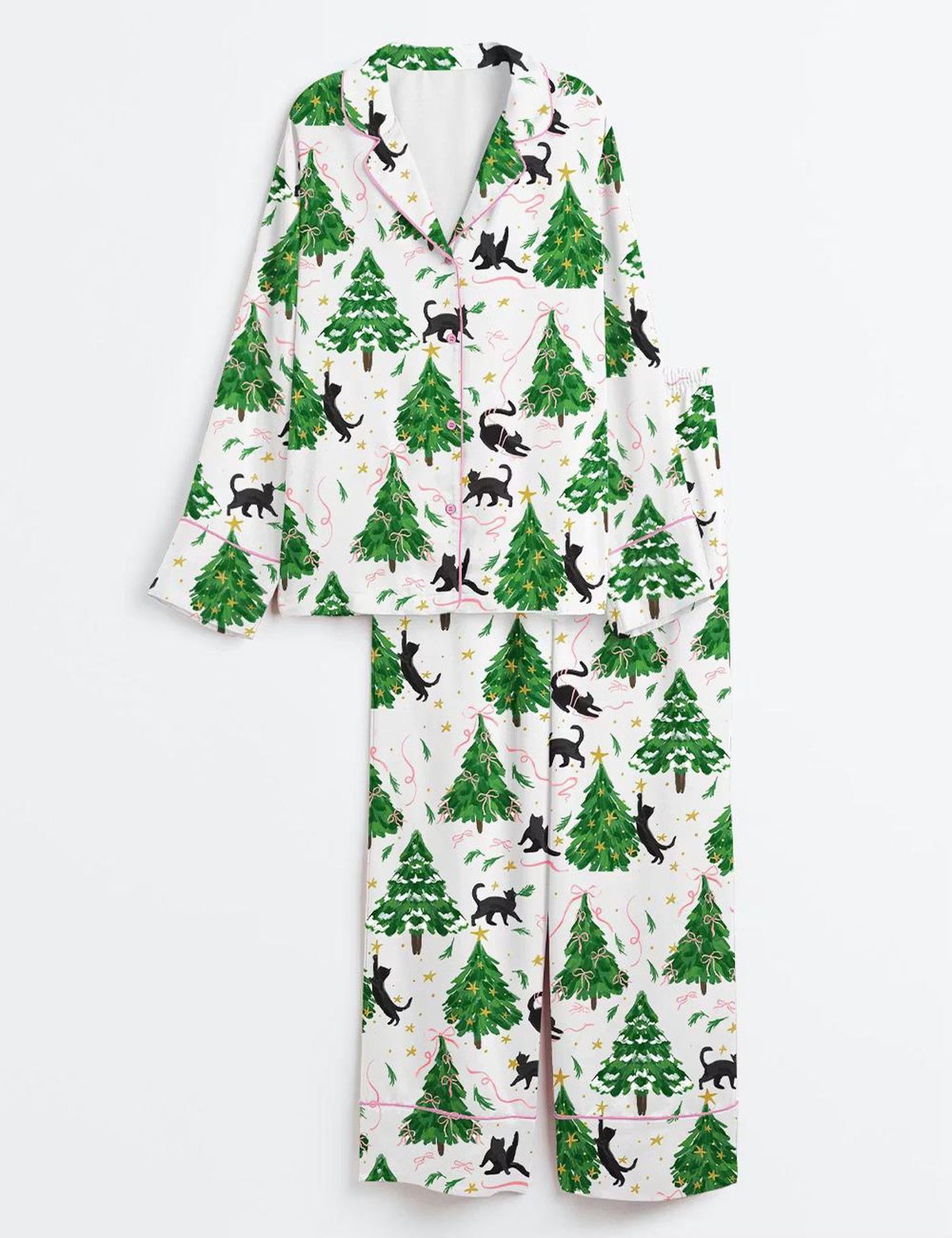 Christmas Cat Satin Pajama Set: Festive Tree Long Sleeve Sleepwear for Women