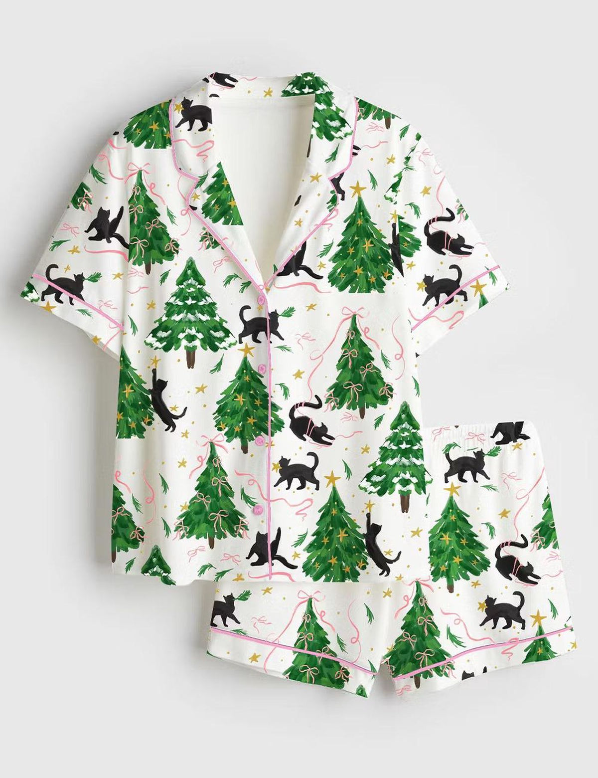 Festive Christmas Cat Satin Pajamas - Cute Holiday Sleepwear for Women
