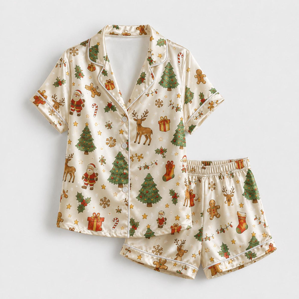 Christmas Cheer Satin Pajama Set: Elegant Holiday Sleepwear for Cozy Winter Nights