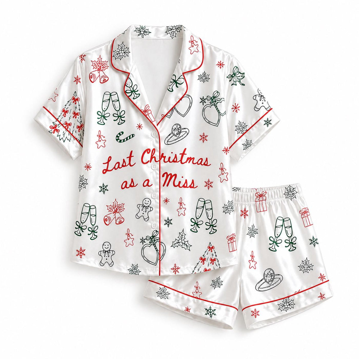 Festive Christmas Doodle Satin Pajama Set Bows Candy Canes & Holiday Sketch Pattern