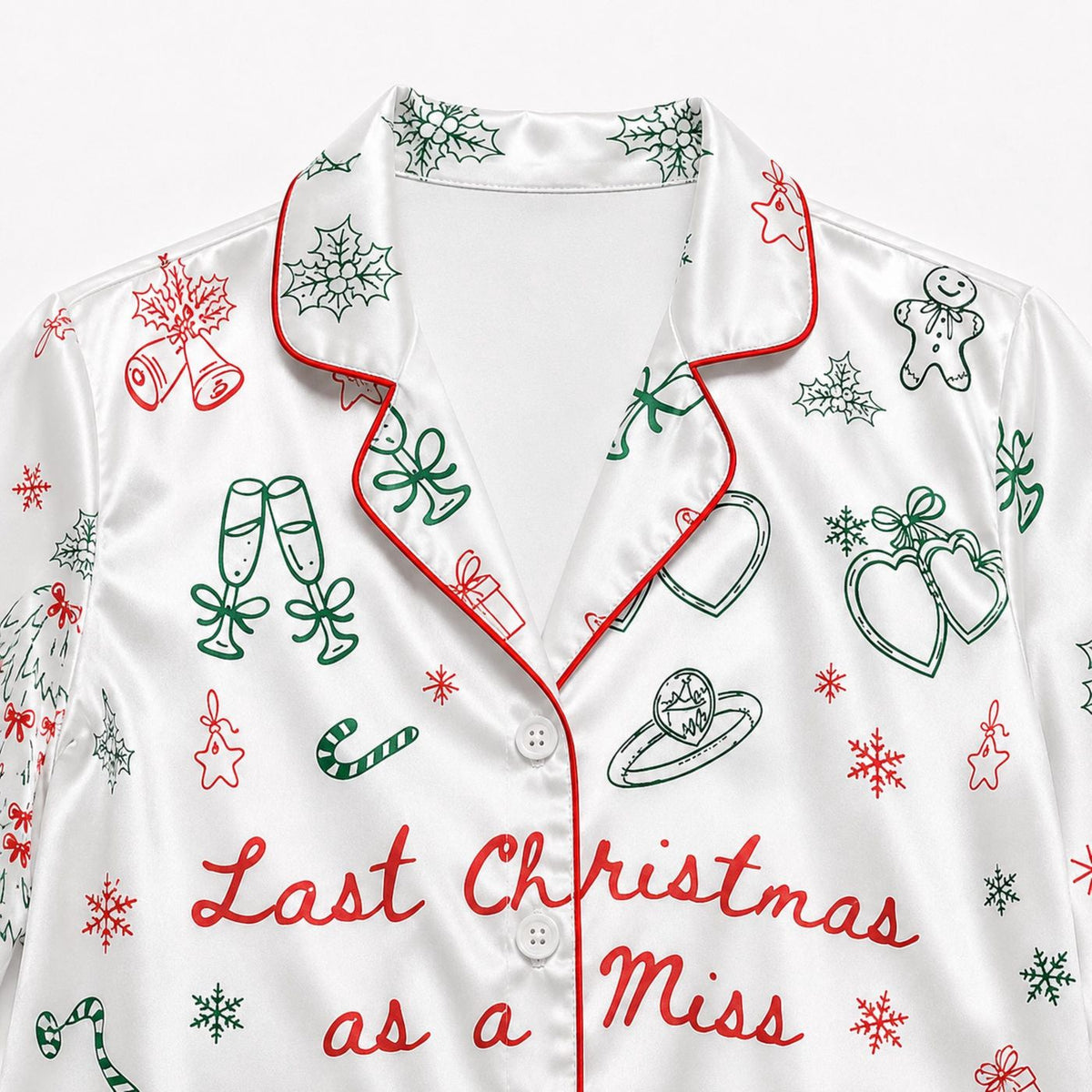 Festive Christmas Doodle Satin Pajama Set Bows Candy Canes & Holiday Sketch Pattern