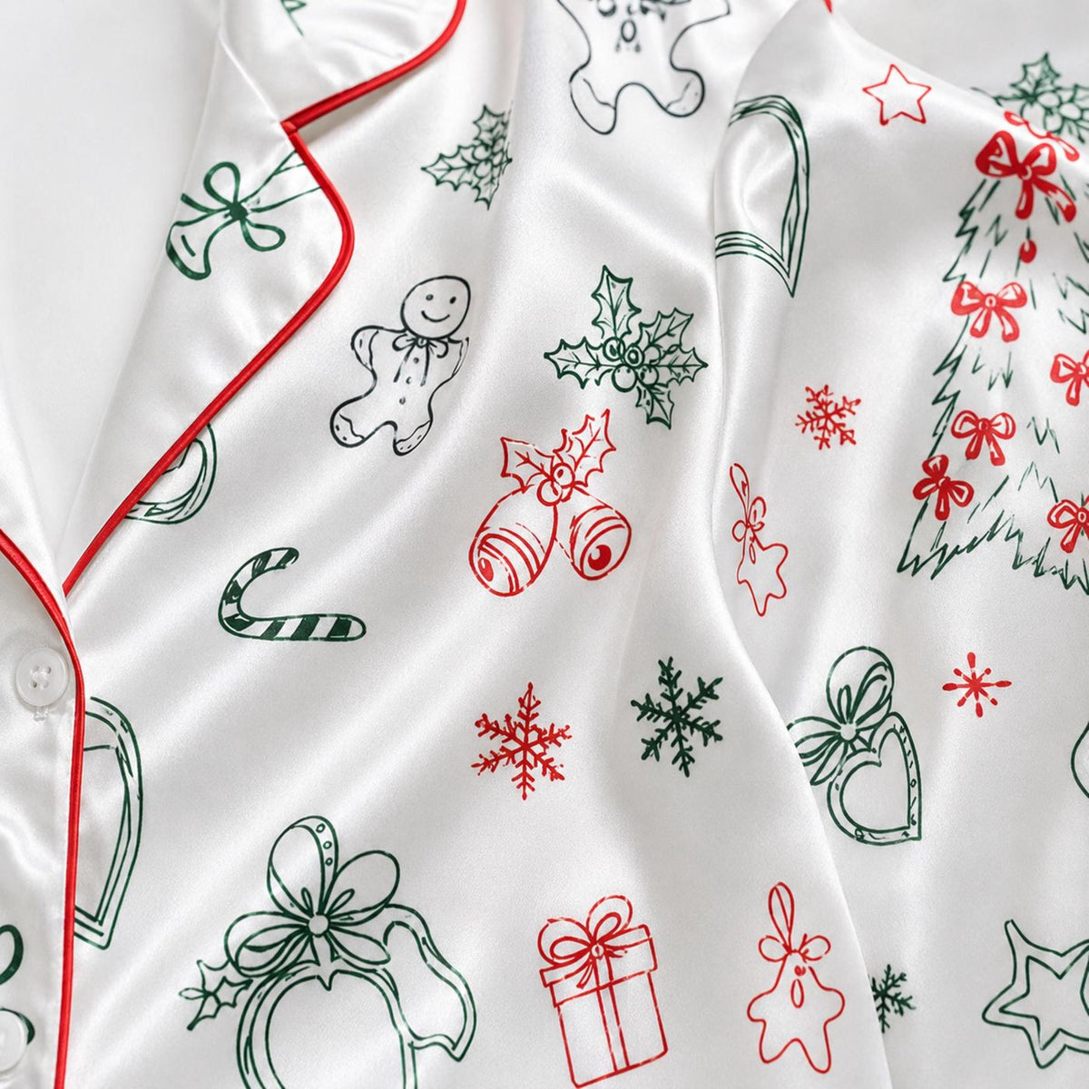 Festive Christmas Doodle Satin Pajama Set with Champagne Candy Canes Holiday Sketch Pattern