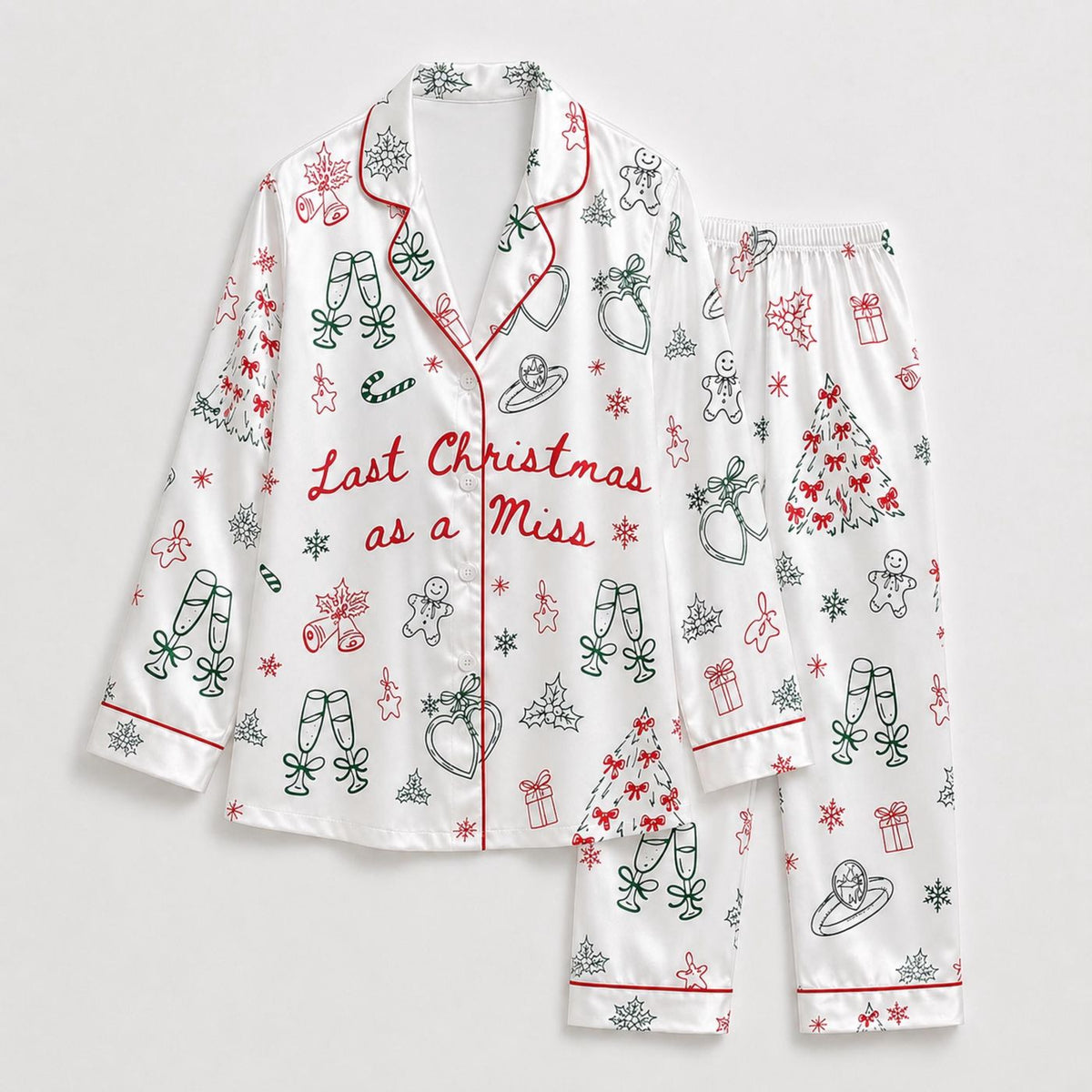 Festive Christmas Doodle Satin Pajama Set Bows Candy Canes & Holiday Sketch Pattern