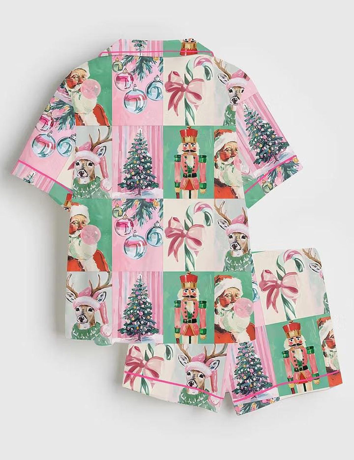 Festive Christmas Santa Reindeer Nutcracker Candy Canes Satin Pajama Set - Holiday Sleepwear
