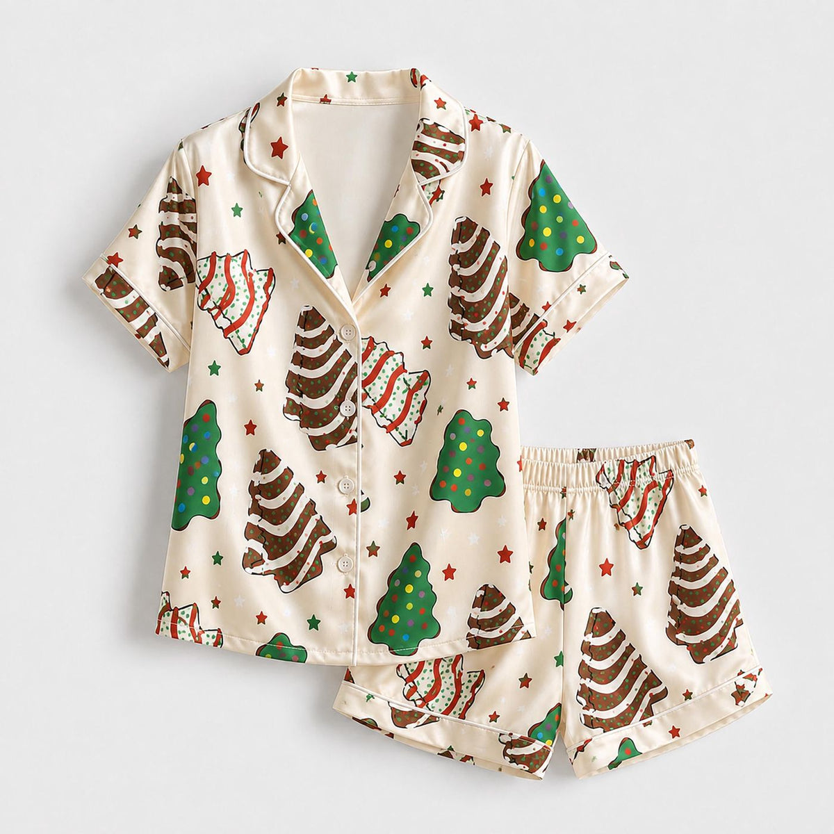 Festive Christmas Tree Cake Satin Pajama Set with Iced Treats Sprinkles - Holiday Tree Pattern