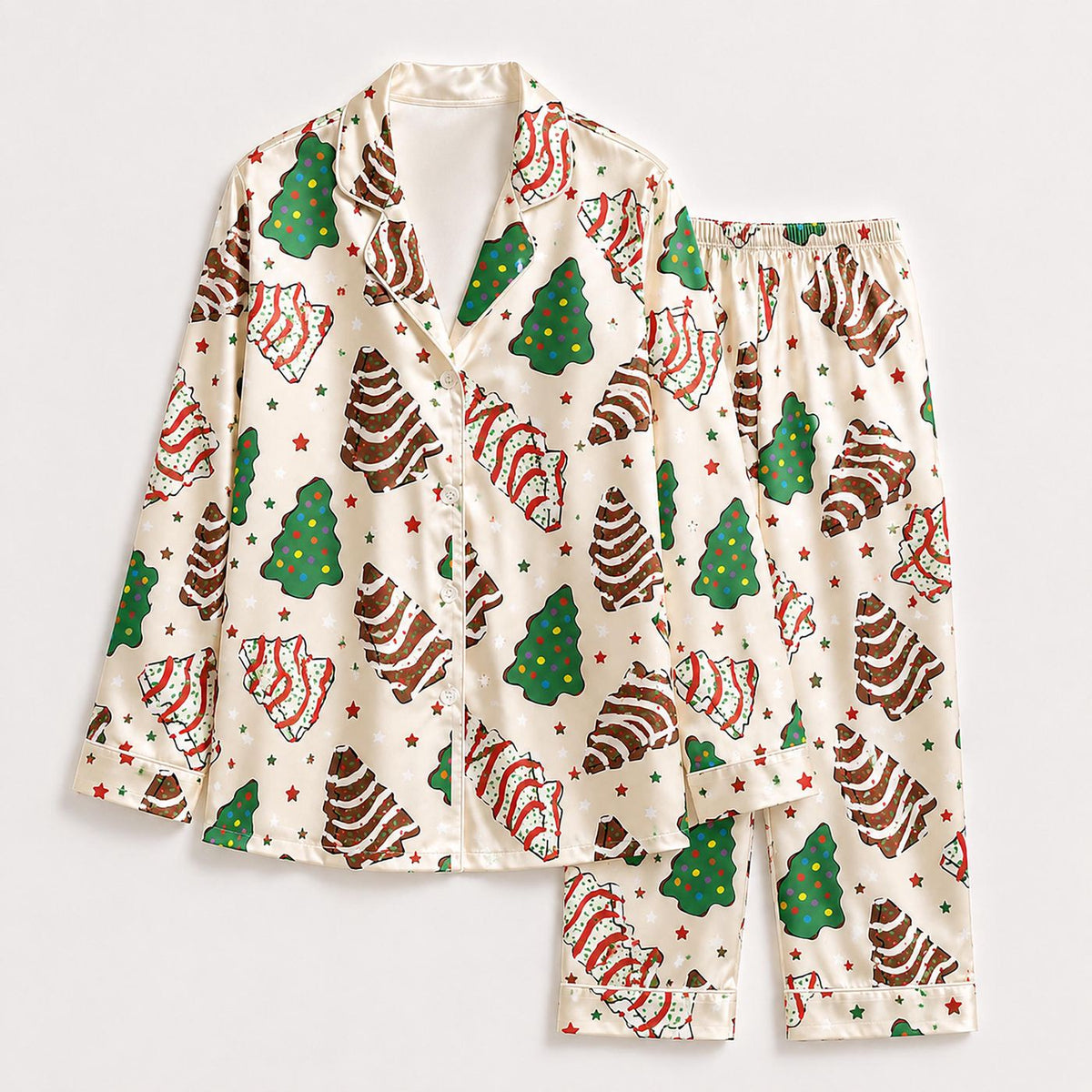 Festive Christmas Tree Cake Satin Pajama Set with Iced Treats Sprinkles - Holiday Tree Pattern