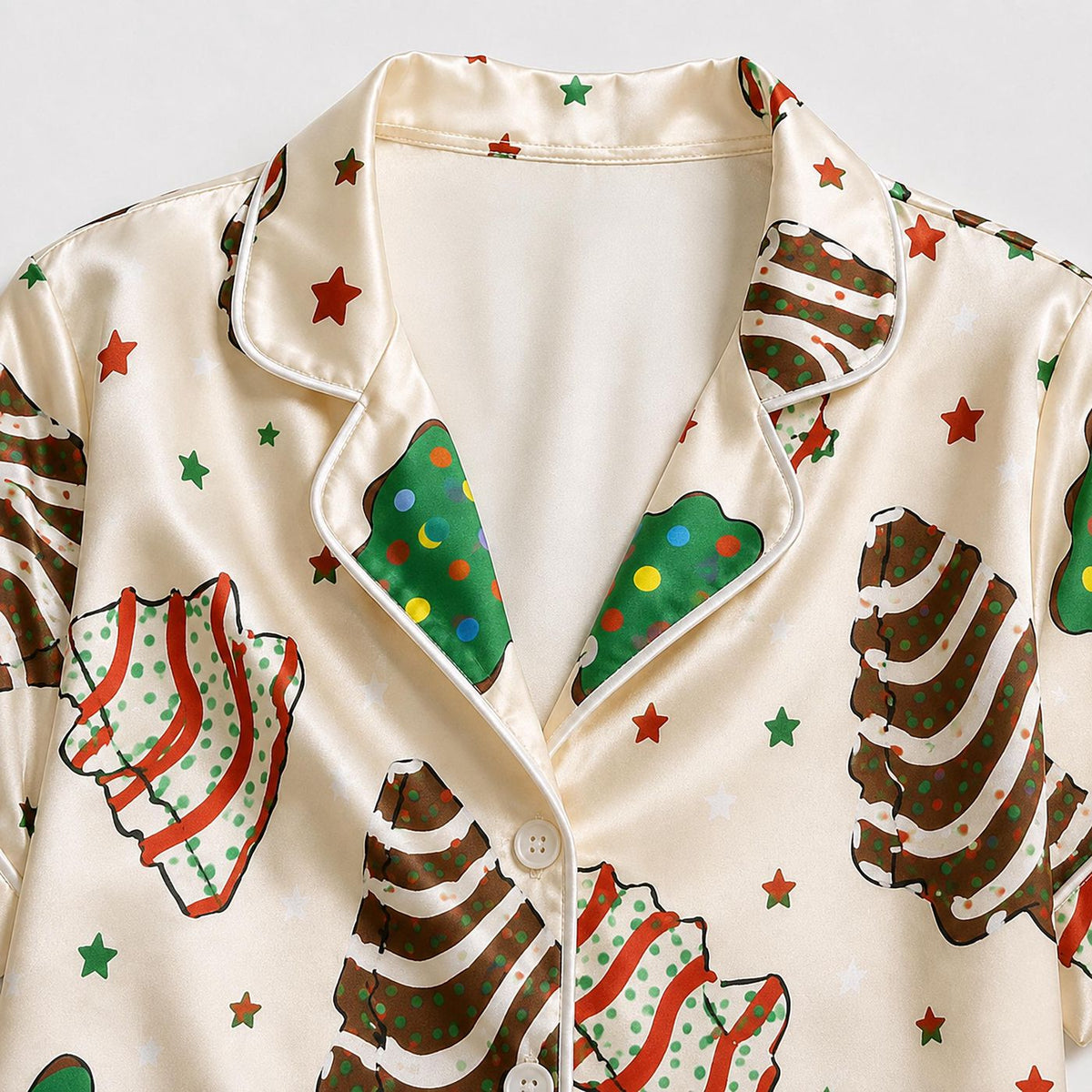 Festive Christmas Tree Cake Satin Pajama Set with Iced Treats Sprinkles - Holiday Tree Pattern