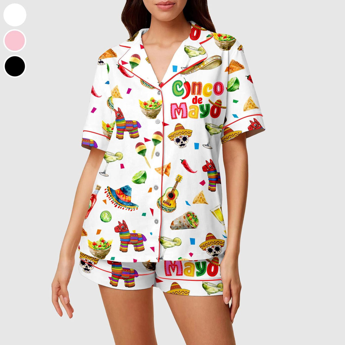 Cinco de Mayo Pajama Set: Fiesta Satin Sleepwear with Taco & Sombrero Print