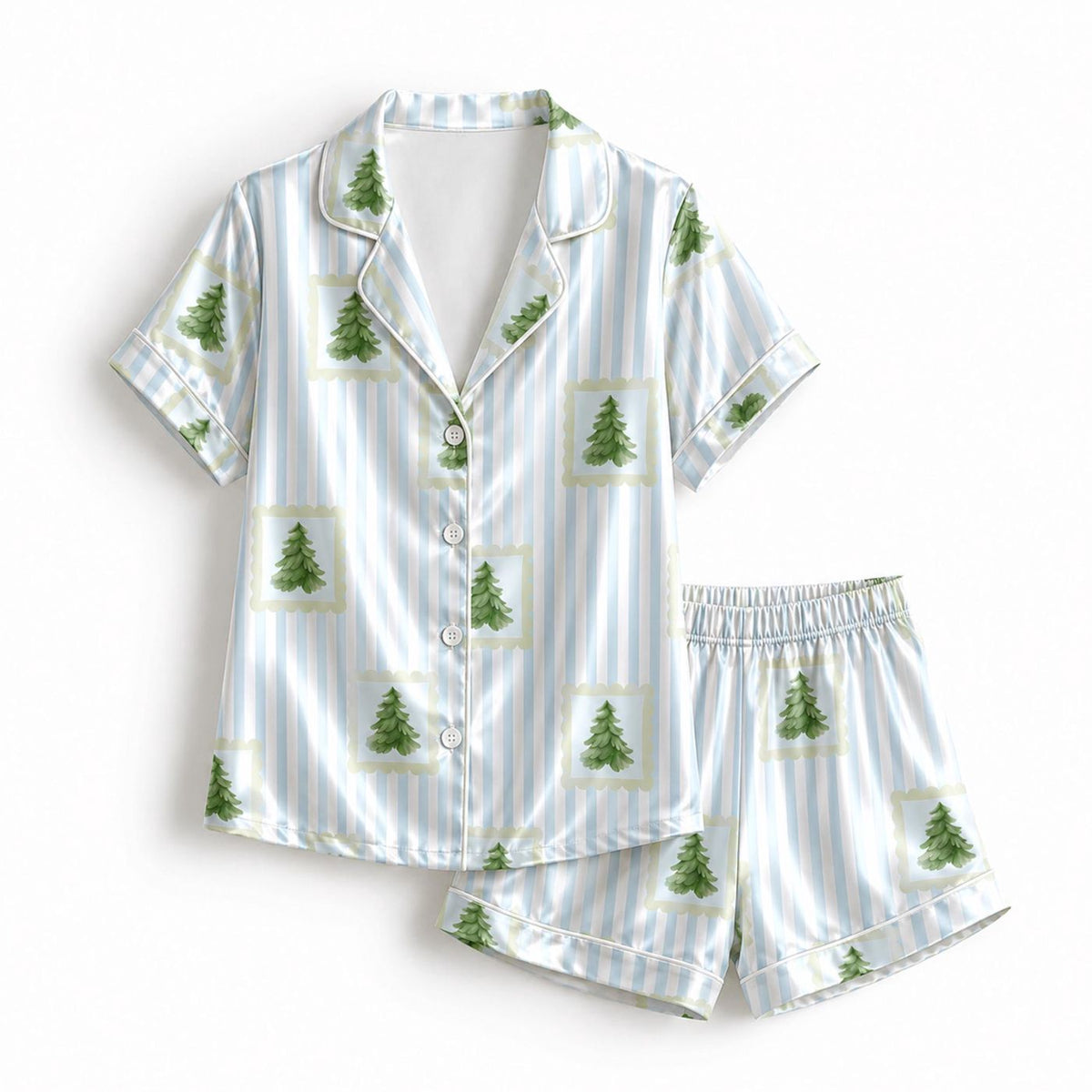 Cozy Christmas Tree Satin Pajama Set: Blue Stripes & Festive Holiday Pattern
