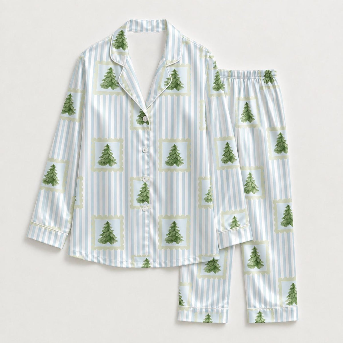 Cozy Christmas Tree Satin Pajama Set: Blue Stripes & Festive Holiday Pattern