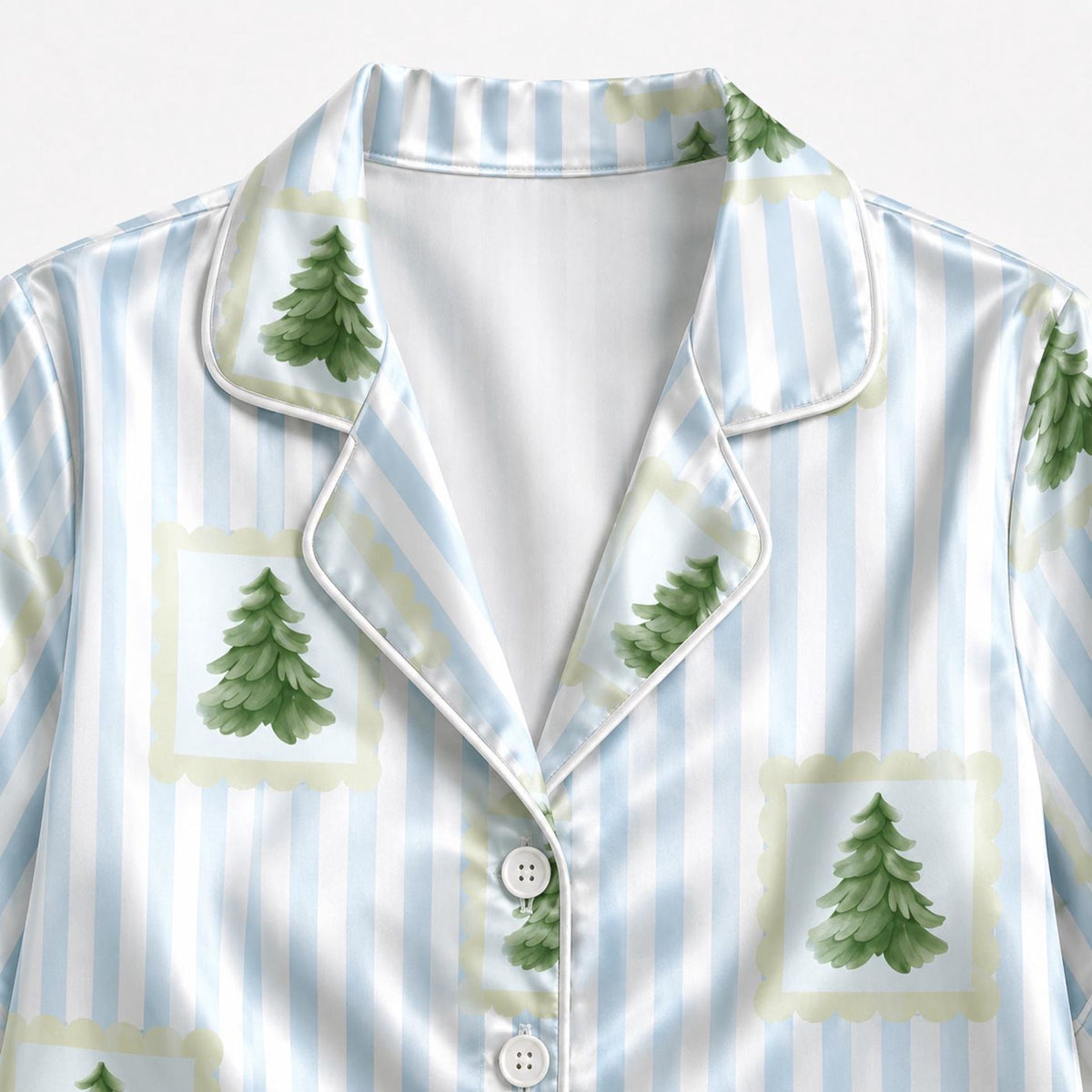 Cozy Christmas Tree Satin Pajama Set: Blue Stripes & Festive Holiday Pattern