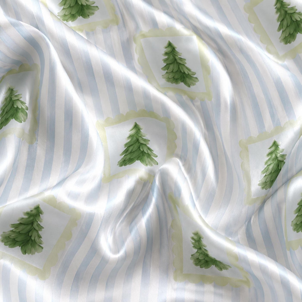 Cozy Christmas Tree Satin Pajama Set: Blue Stripes & Festive Holiday Pattern