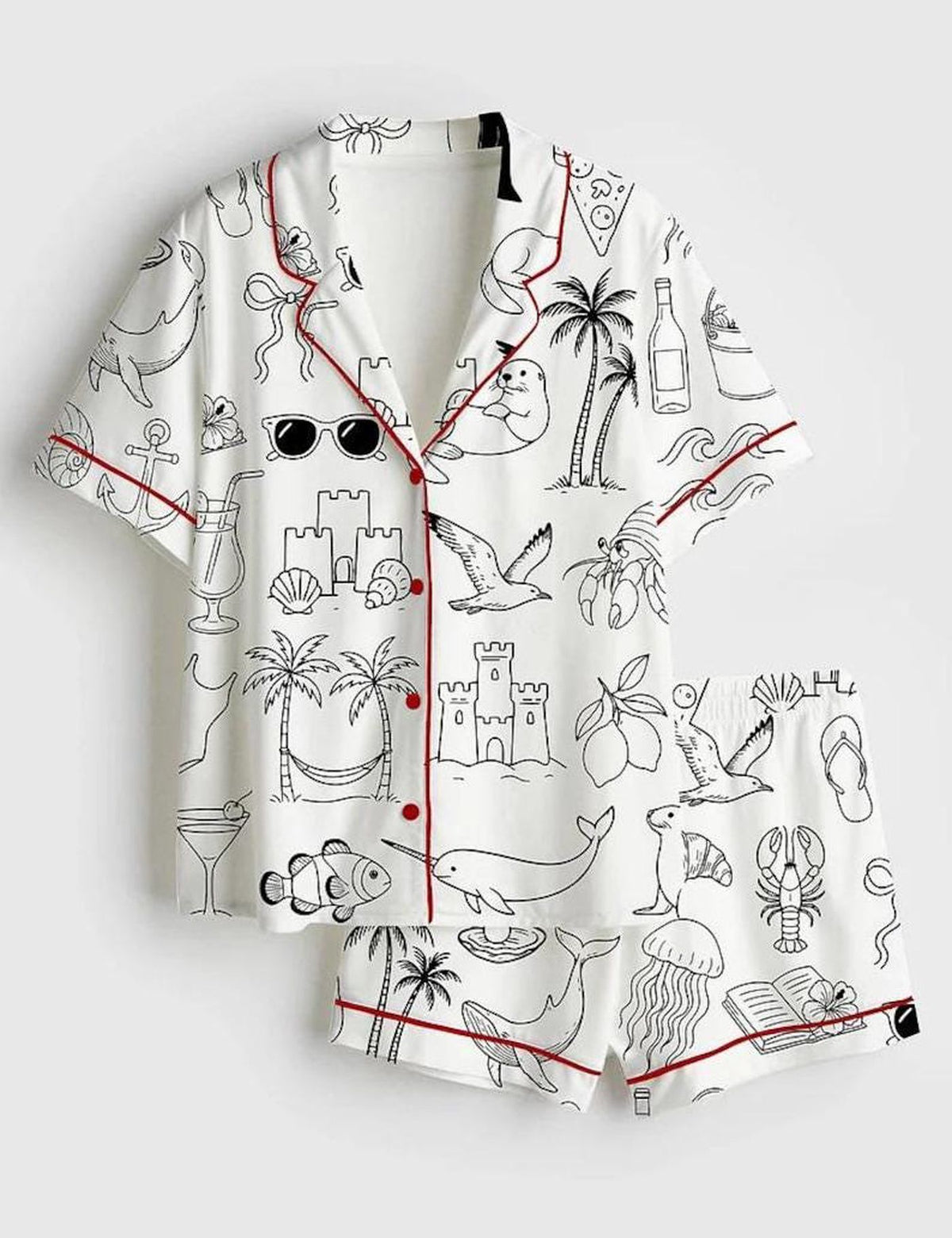 Coastal Beach Pajama Set Women Ocean Nautical Sleepwear Summer Sea Life Vacation PJs