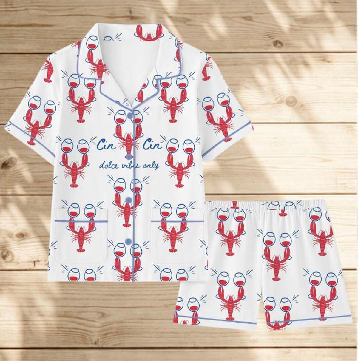 Coastal Lobster Pajamas for Women: Satin Short Sleeve Dirty Martini Sleepwear - Cute Summer Cocktail PJs Gift