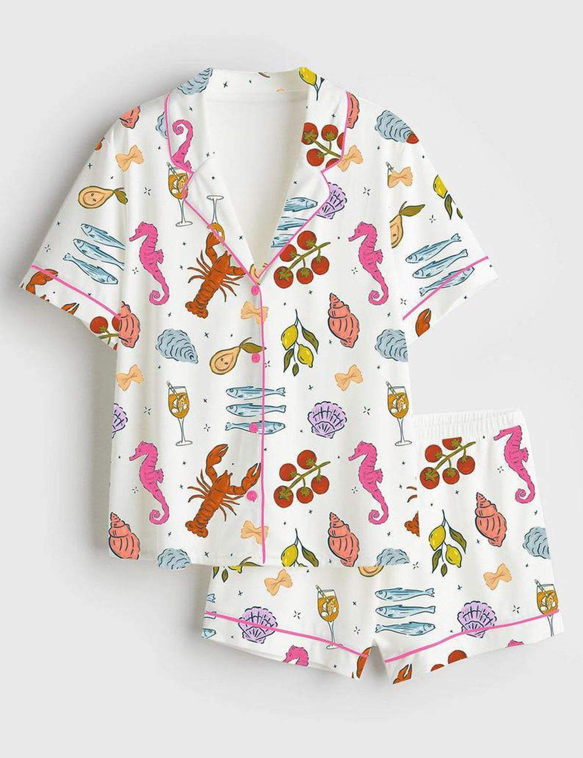 Coastal Pajamas Women Set Seafood Print Sleepwear Summer Beach Vacation PJ