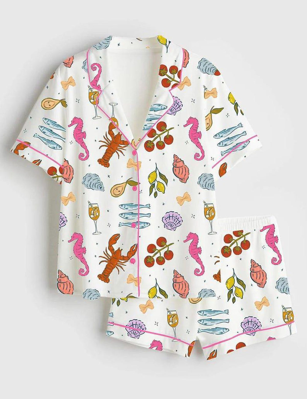 Coastal Pajamas Women Set Seafood Print Sleepwear Summer Beach Vacation PJ