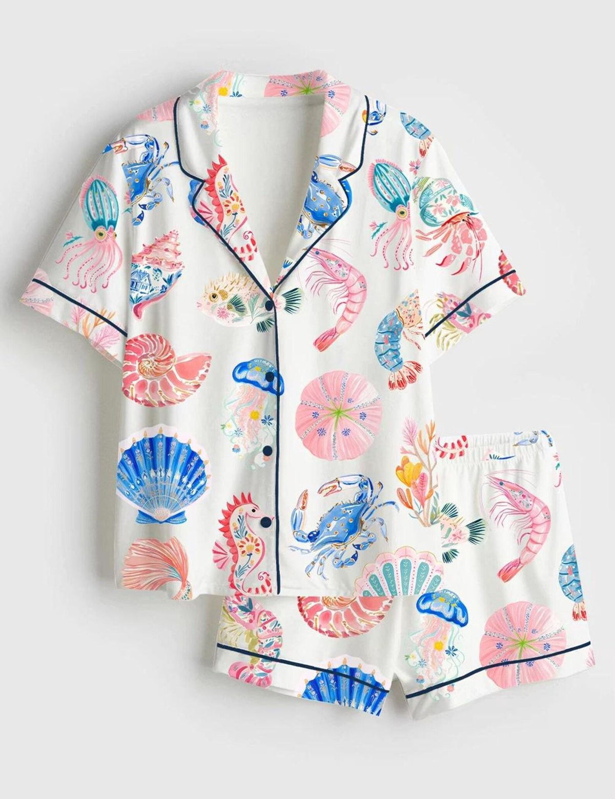 Coastal Sea Life Women Pajama Set Beach Nautical Sleepwear Summer