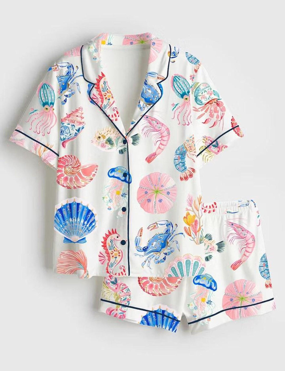 Coastal Sea Life Women Pajama Set Beach Nautical Sleepwear Summer
