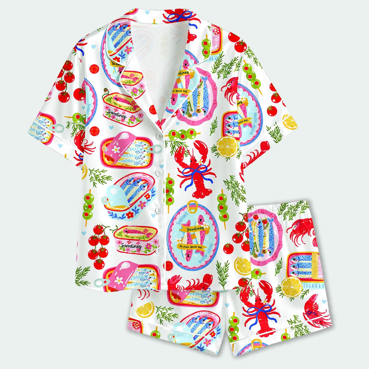 Coastal Seafood Satin Pajama Set with Lobster & Cherries - Colorful Summer Pattern for Cozy Sleepwear