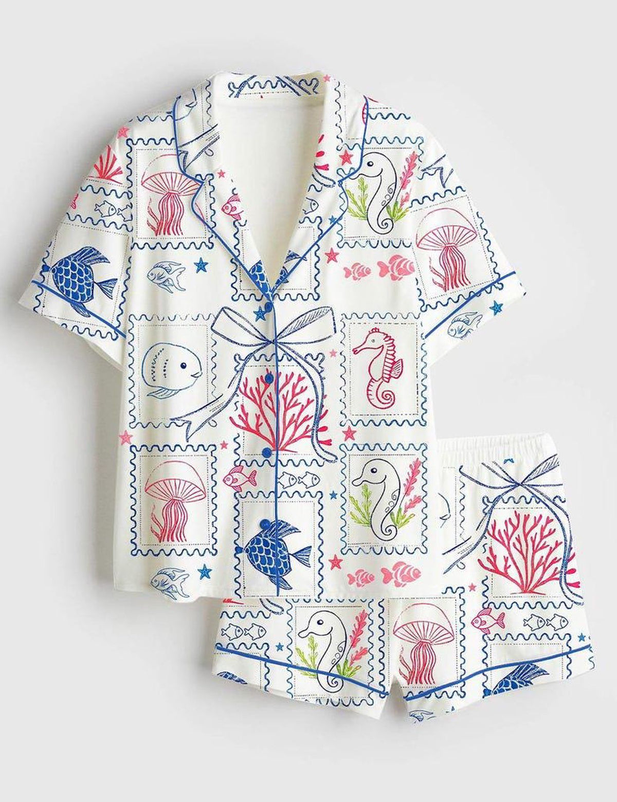 Coastal Stamp Women s Pajama Set Ocean Life Beach Sleepwear Seashell Nautical Marine Print Gift