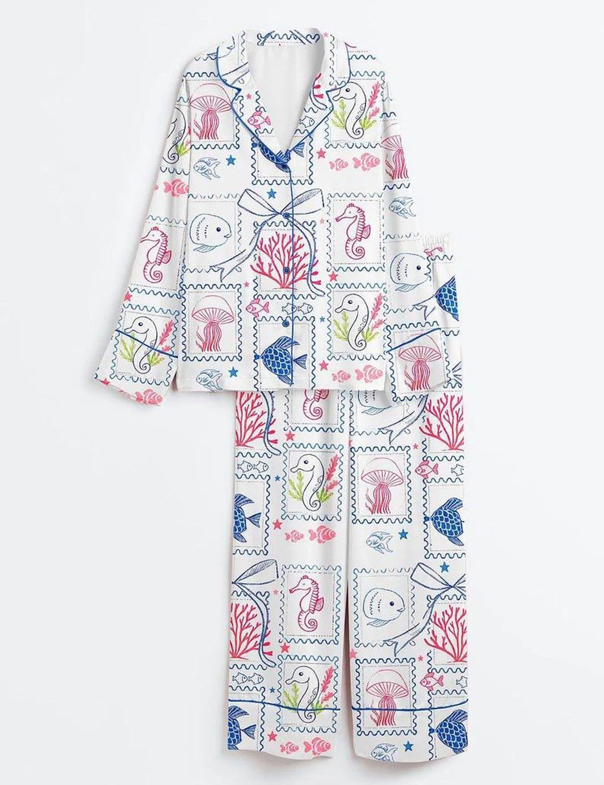 Coastal Stamp Women s Pajama Set Ocean Life Beach Sleepwear Seashell Nautical Marine Print Gift