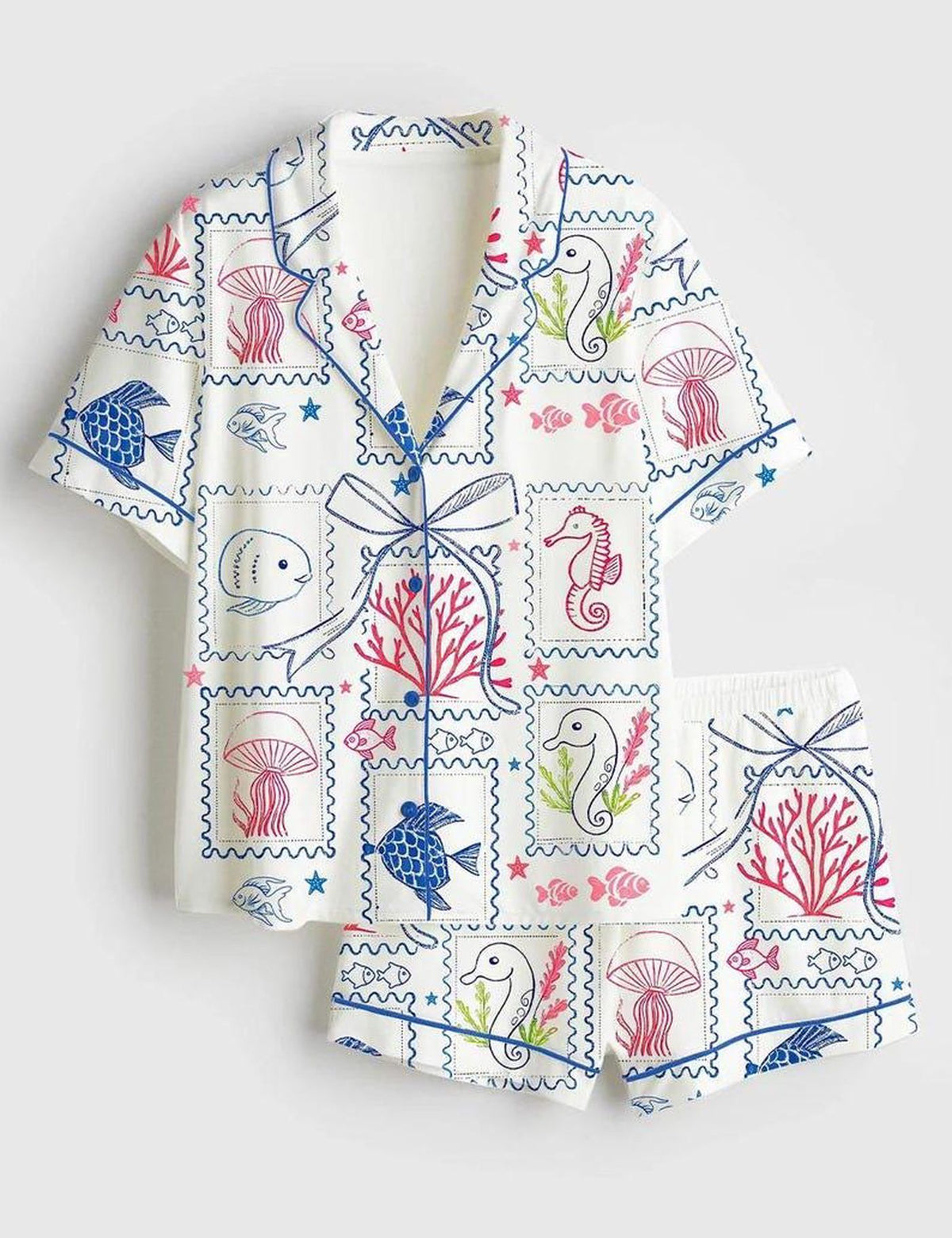 Coastal Stamp Women s Pajama Set Ocean Life Beach Sleepwear Seashell Nautical Marine Print Gift