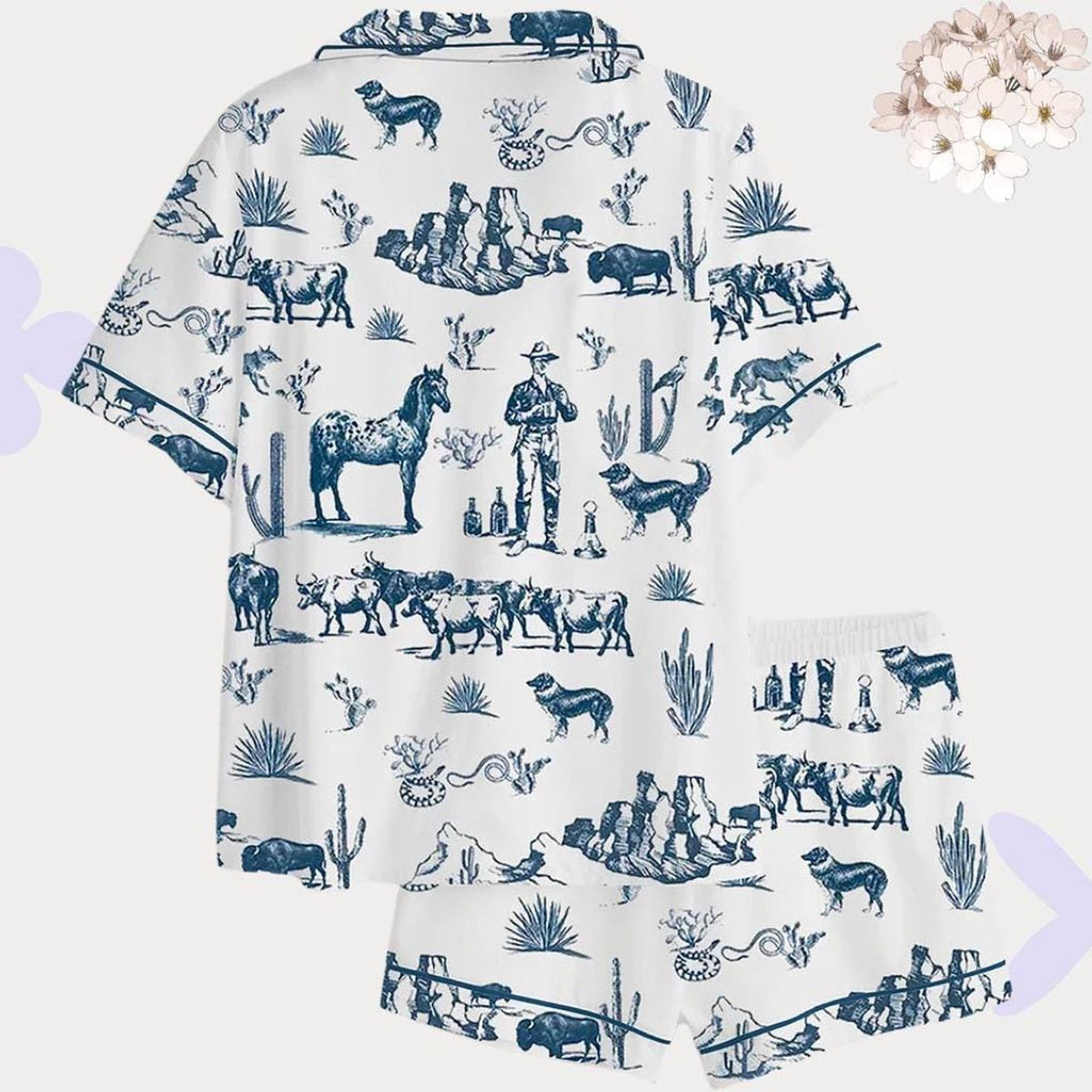 Coastal Western Toile Cowboy Print Pajama Set: Ranch Style Loungewear for Women