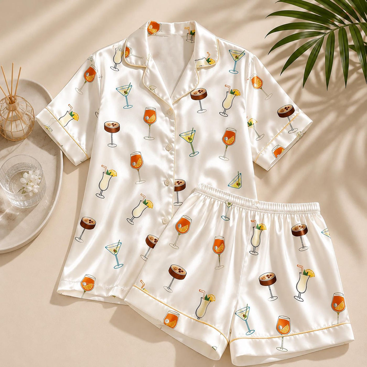 Martini Spritz Cocktail Print Satin Pajama Set - Summer Vacation Loungewear & Bachelorette Party Gift