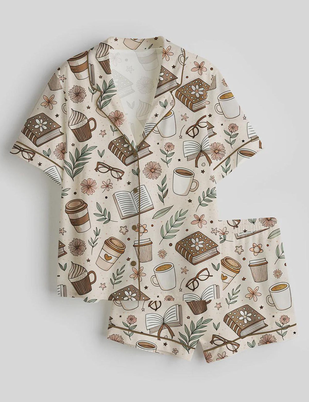 Coffee Books Satin Pajama Set Cozy Bookish Sleepwear, Reader Lover Birthday Gift for Women