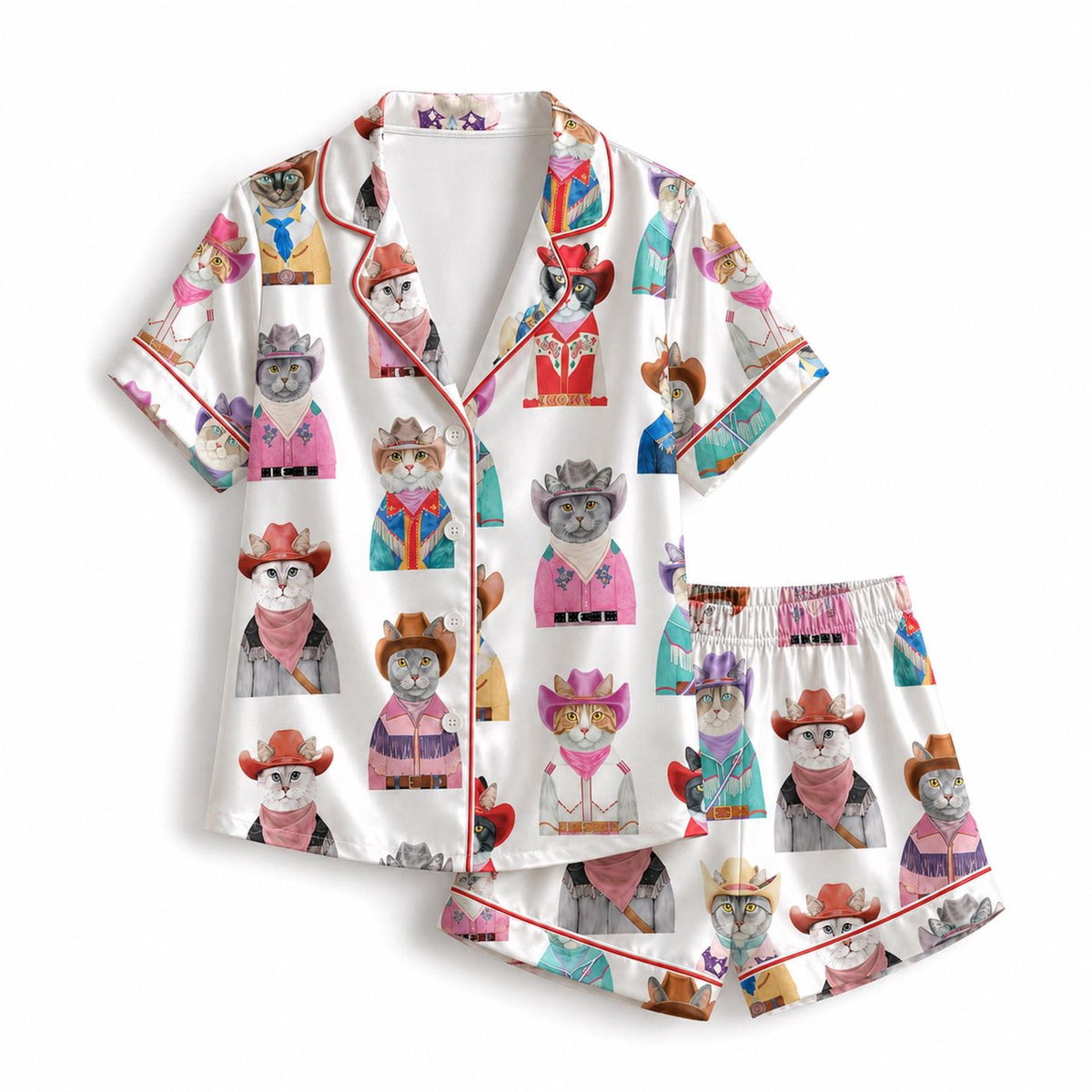 Colorful Cowboy Cat Satin Pajama Set with Western Hats and Feline Portraits