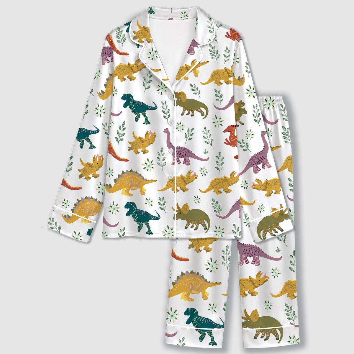 Colorful Dinosaur Satin Pajama Set: Playful Prehistoric Animals & Botanical Leaf Pattern