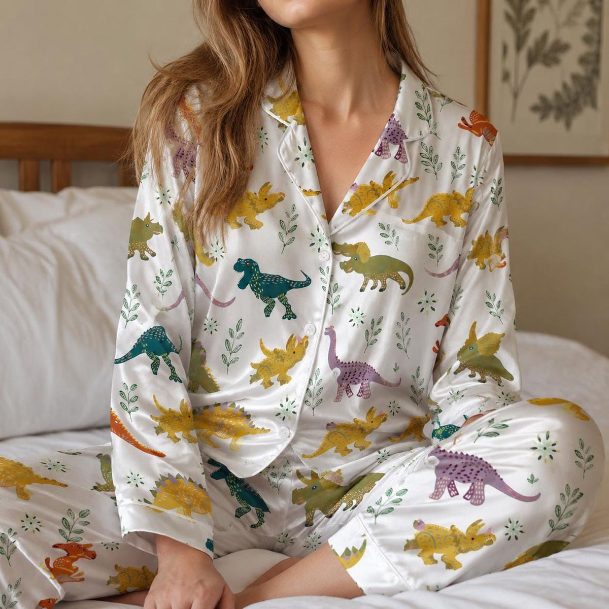 Colorful Dinosaur Satin Pajama Set: Playful Prehistoric Animals & Botanical Leaf Pattern
